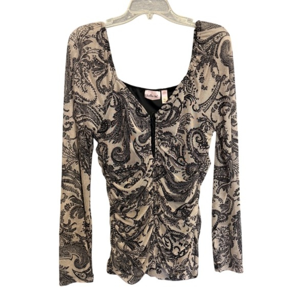 Willow + Root Whimsigoth Romantic Mesh Top Tan Black Paisley Festival Lace Up XL